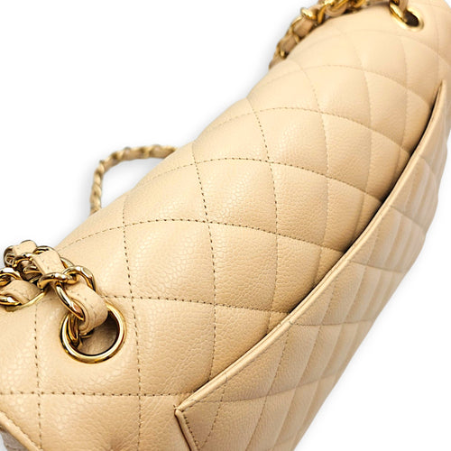 Classic (Double Flap) Jumbo Beige Shoulder Bag in Caviar Leather Gold hardware