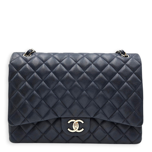 Classic (Double Flap) Maxi Navy Blue Shoulder Bag in Caviar Leather Silver hardware