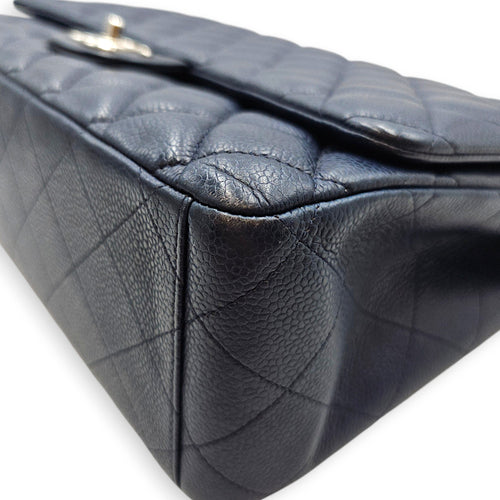 Classic (Double Flap) Maxi Navy Blue Shoulder Bag in Caviar Leather Silver hardware