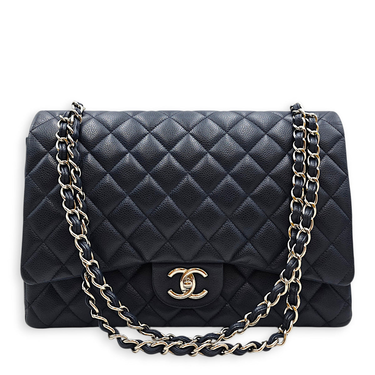 Classic (Double Flap) Maxi Navy Blue Shoulder Bag in Caviar Leather Silver hardware