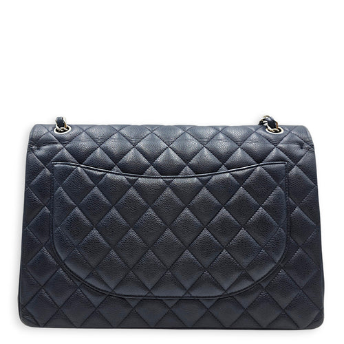 Classic (Double Flap) Maxi Navy Blue Shoulder Bag in Caviar Leather Silver hardware