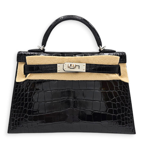 Sellier Kelly 20 Noir in Shiny Alligator Palladium hardware