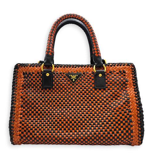 Woven  Orange/Black Top Handle Bag in Goat Leather Gold hardware