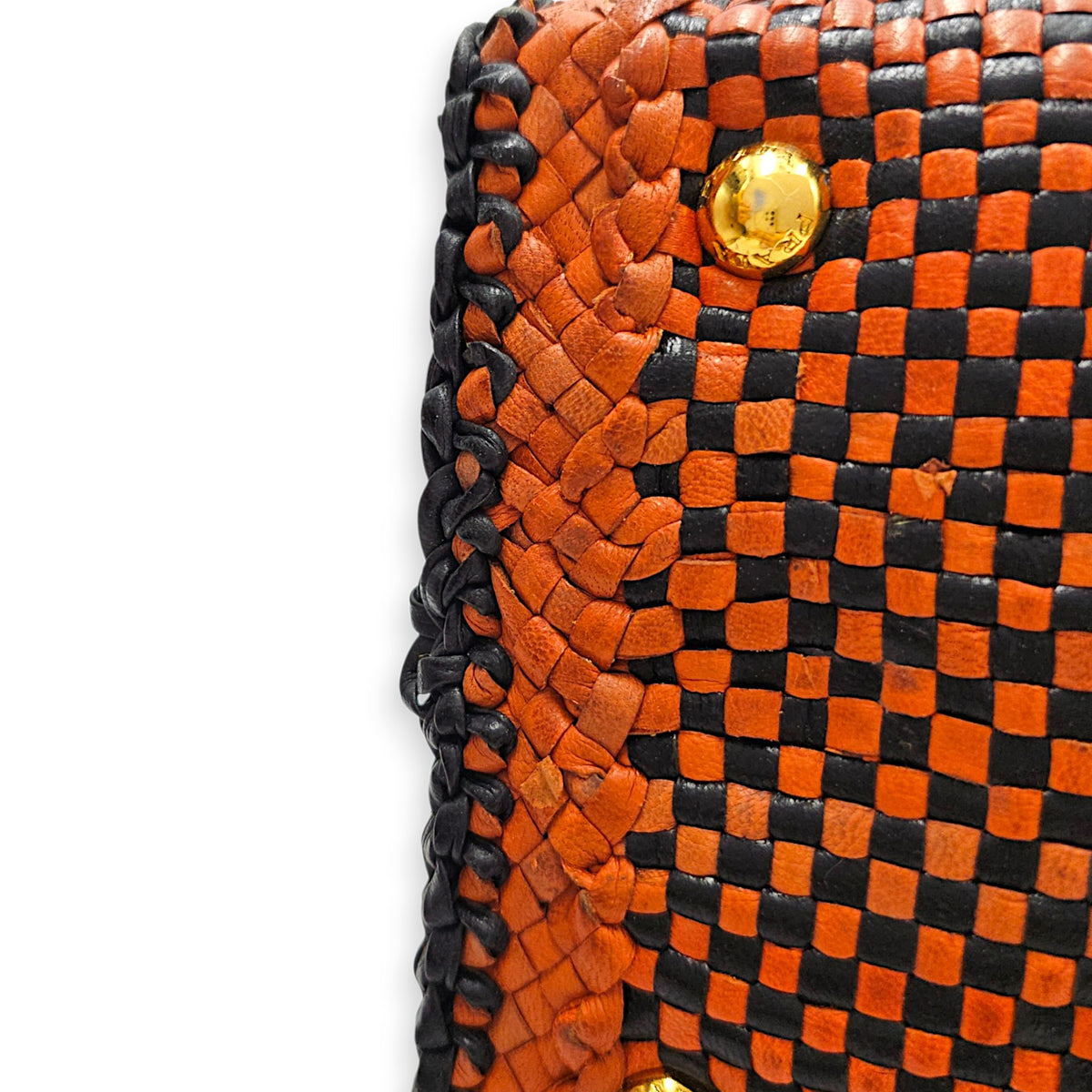 Woven  Orange/Black Top Handle Bag in Goat Leather Gold hardware