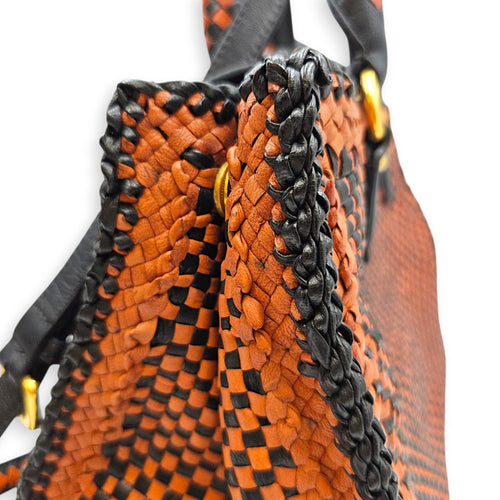 Woven  Orange/Black Top Handle Bag in Goat Leather Gold hardware