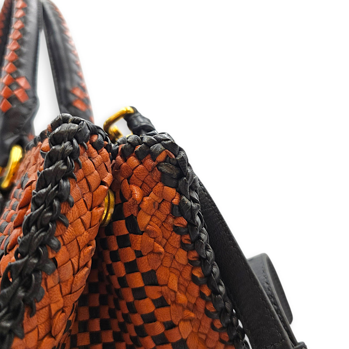Woven  Orange/Black Top Handle Bag in Goat Leather Gold hardware