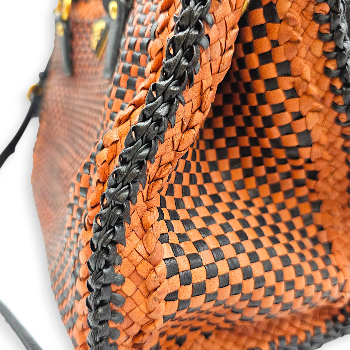Woven  Orange/Black Top Handle Bag in Goat Leather Gold hardware