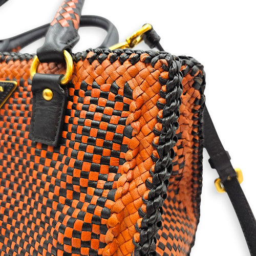 Woven  Orange/Black Top Handle Bag in Goat Leather Gold hardware