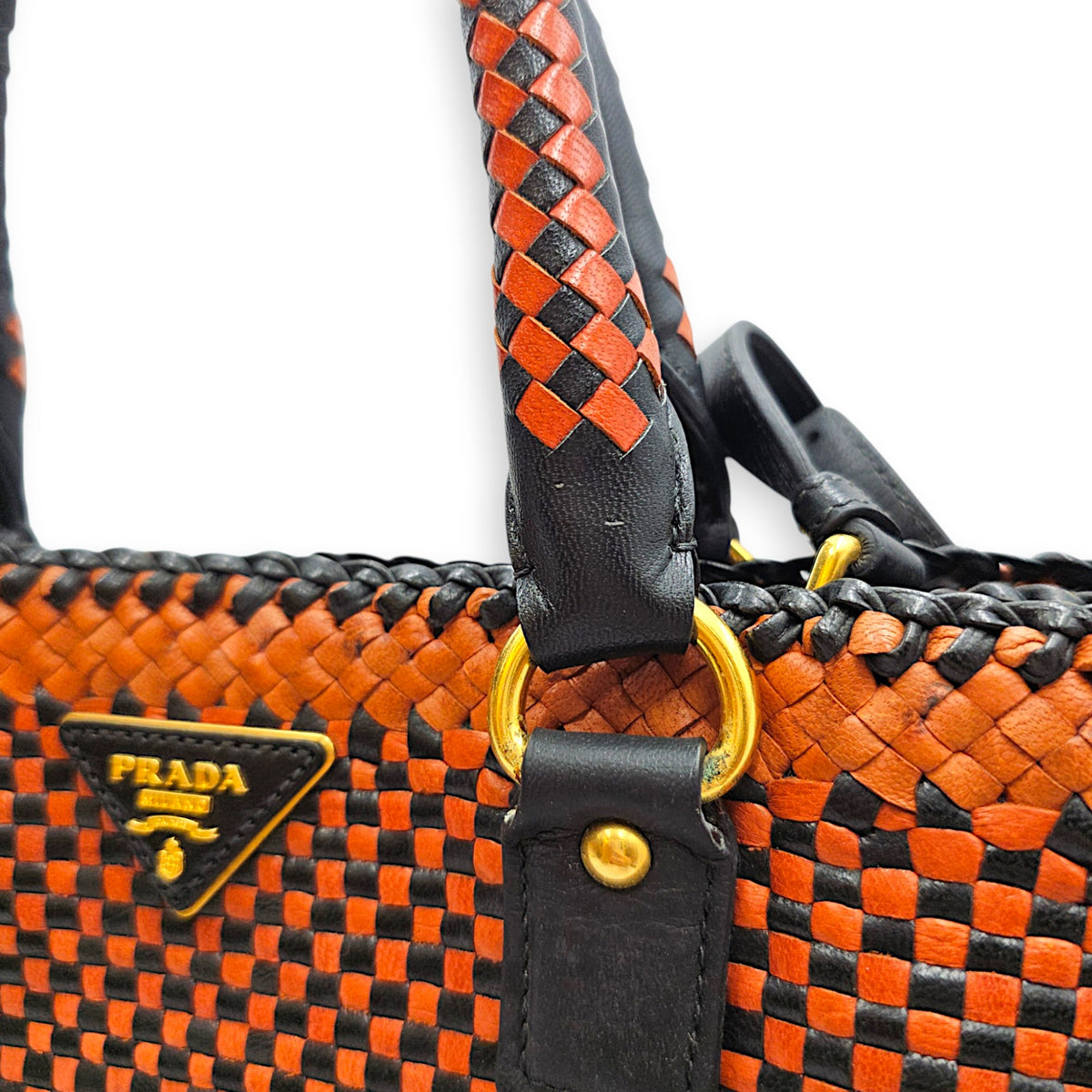 Woven  Orange/Black Top Handle Bag in Goat Leather Gold hardware