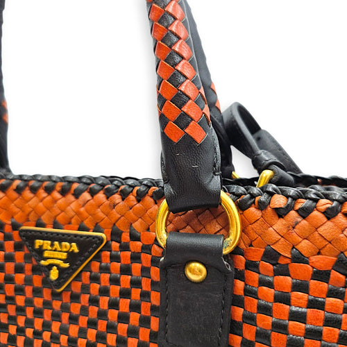 Woven  Orange/Black Top Handle Bag in Goat Leather Gold hardware