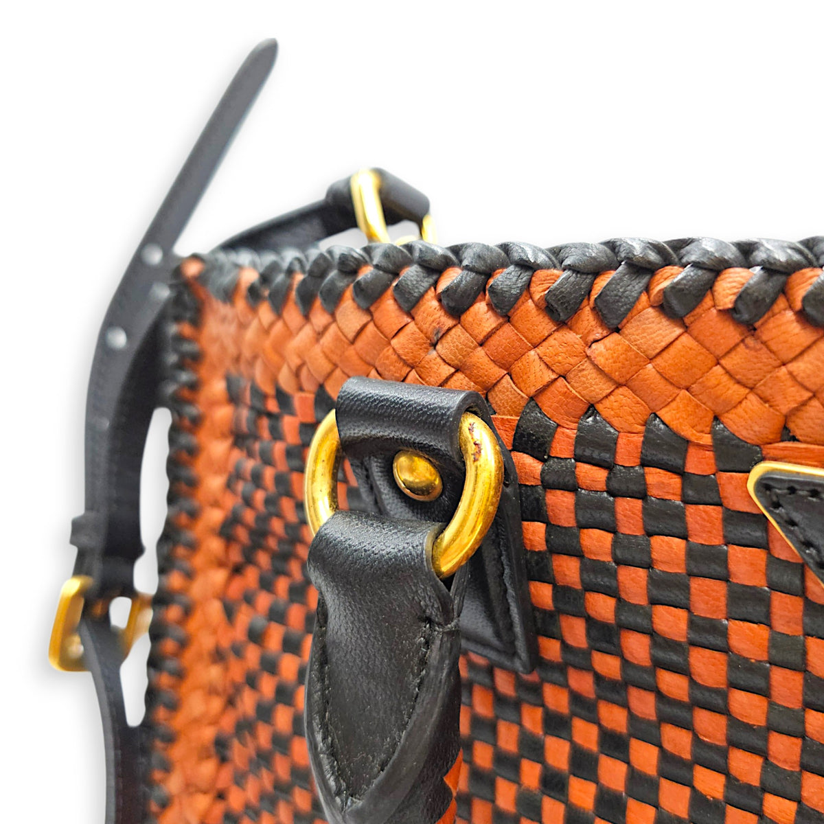 Woven  Orange/Black Top Handle Bag in Goat Leather Gold hardware
