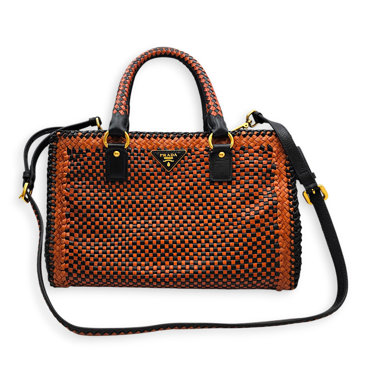 Woven  Orange/Black Top Handle Bag in Goat Leather Gold hardware