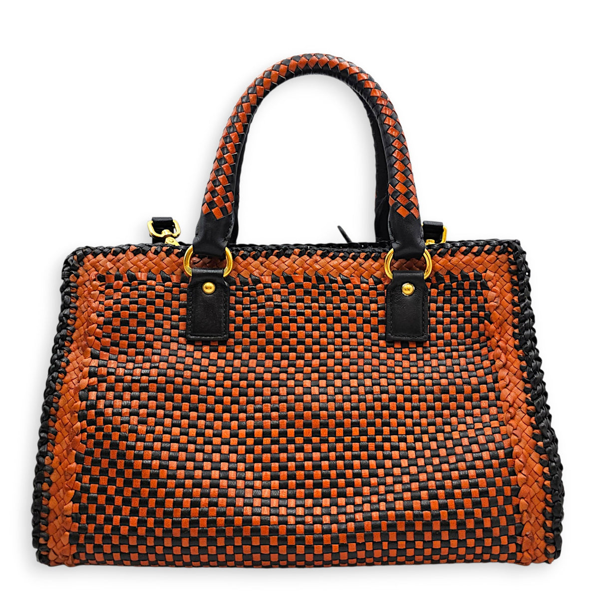 Woven  Orange/Black Top Handle Bag in Goat Leather Gold hardware