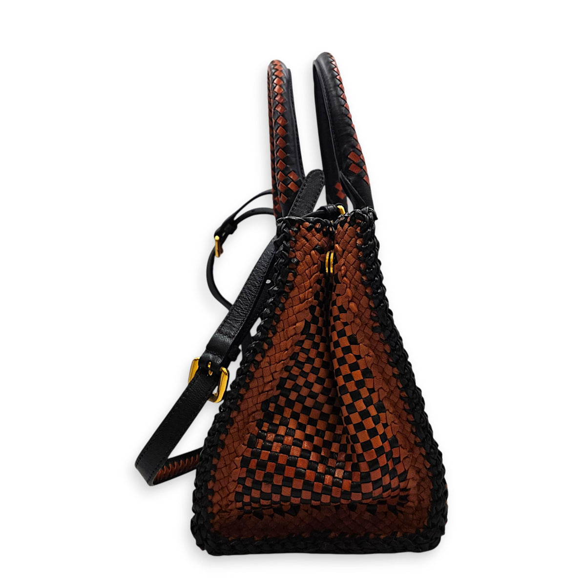 Woven  Orange/Black Top Handle Bag in Goat Leather Gold hardware