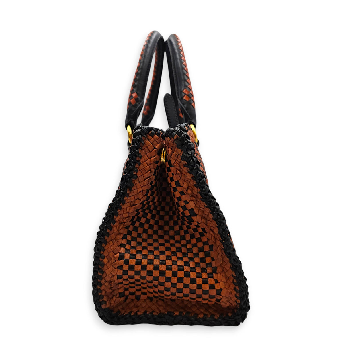 Woven  Orange/Black Top Handle Bag in Goat Leather Gold hardware