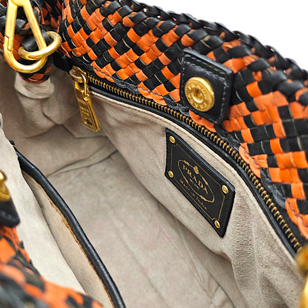 Woven  Orange/Black Top Handle Bag in Goat Leather Gold hardware
