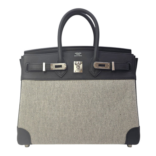 Birkin 25 Noir/Ecru-Noir in Swift/Toile Palladium hardware
