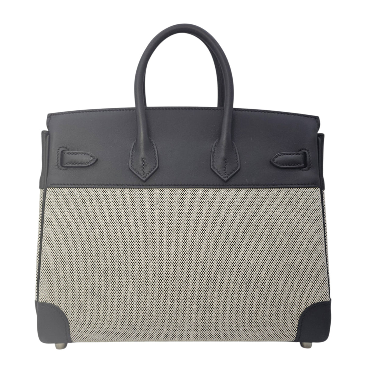 Birkin 25 Noir/Ecru-Noir in Swift/Toile Palladium hardware