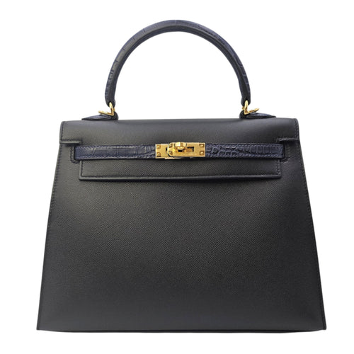Sellier Kelly Touch  25 Noir/Blue Marine  in Madame/Matte Alligator Gold hardware