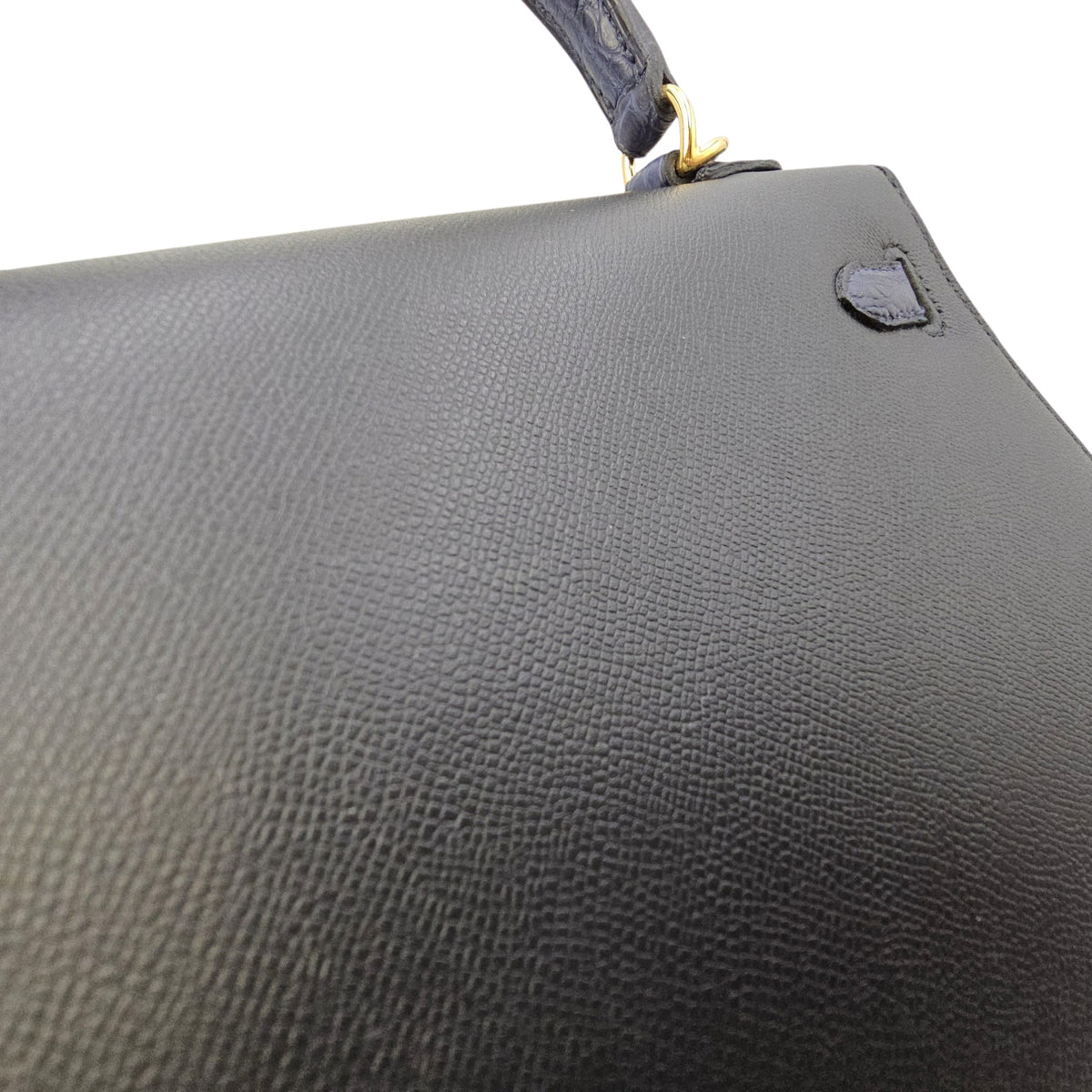 Sellier Kelly Touch  25 Noir/Blue Marine  in Madame/Matte Alligator Gold hardware