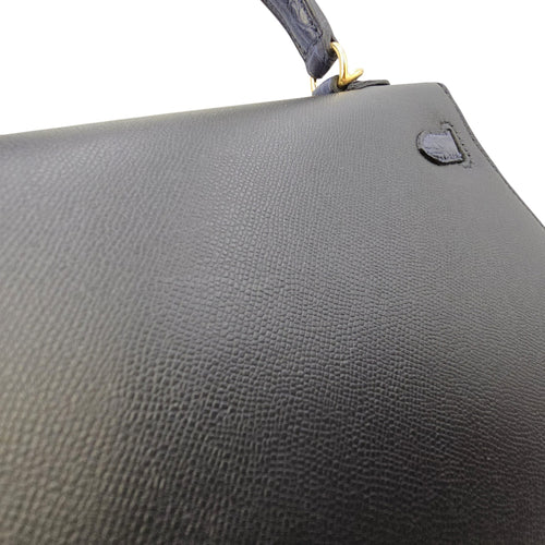 Sellier Kelly Touch  25 Noir/Blue Marine  in Madame/Matte Alligator Gold hardware