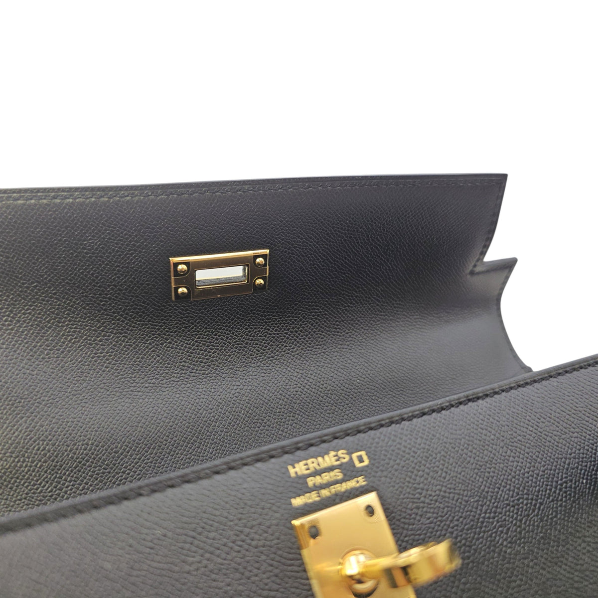 Sellier Kelly Touch  25 Noir/Blue Marine  in Madame/Matte Alligator Gold hardware