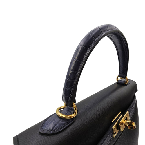 Sellier Kelly Touch  25 Noir/Blue Marine  in Madame/Matte Alligator Gold hardware