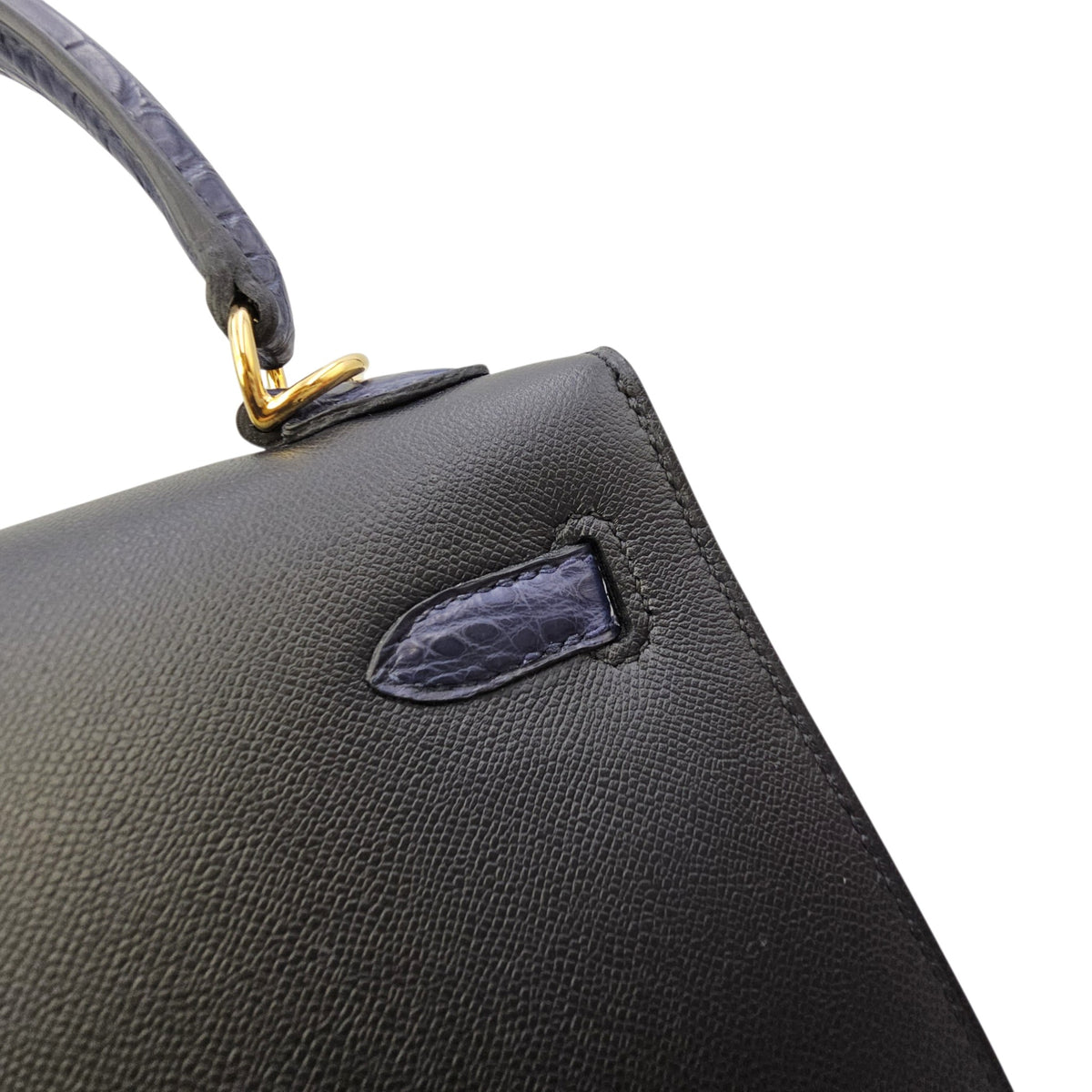 Sellier Kelly Touch  25 Noir/Blue Marine  in Madame/Matte Alligator Gold hardware