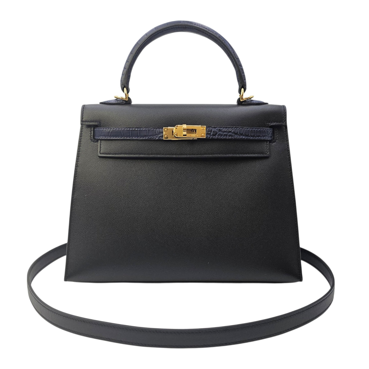 Sellier Kelly Touch  25 Noir/Blue Marine  in Madame/Matte Alligator Gold hardware