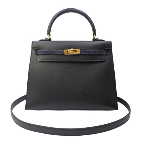 Sellier Kelly Touch  25 Noir/Blue Marine  in Madame/Matte Alligator Gold hardware