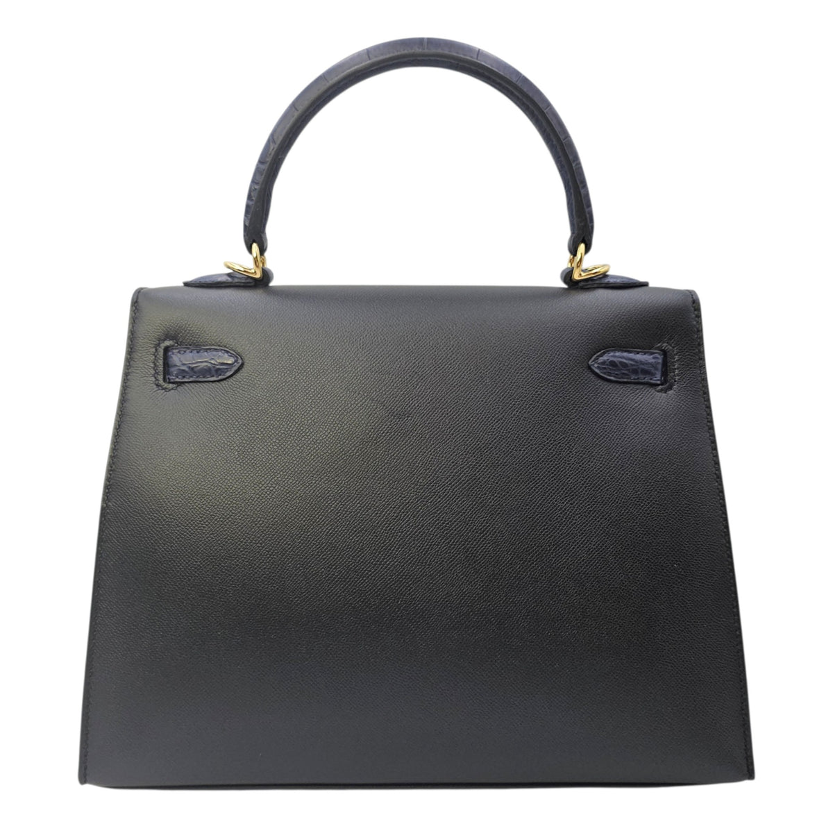 Sellier Kelly Touch  25 Noir/Blue Marine  in Madame/Matte Alligator Gold hardware