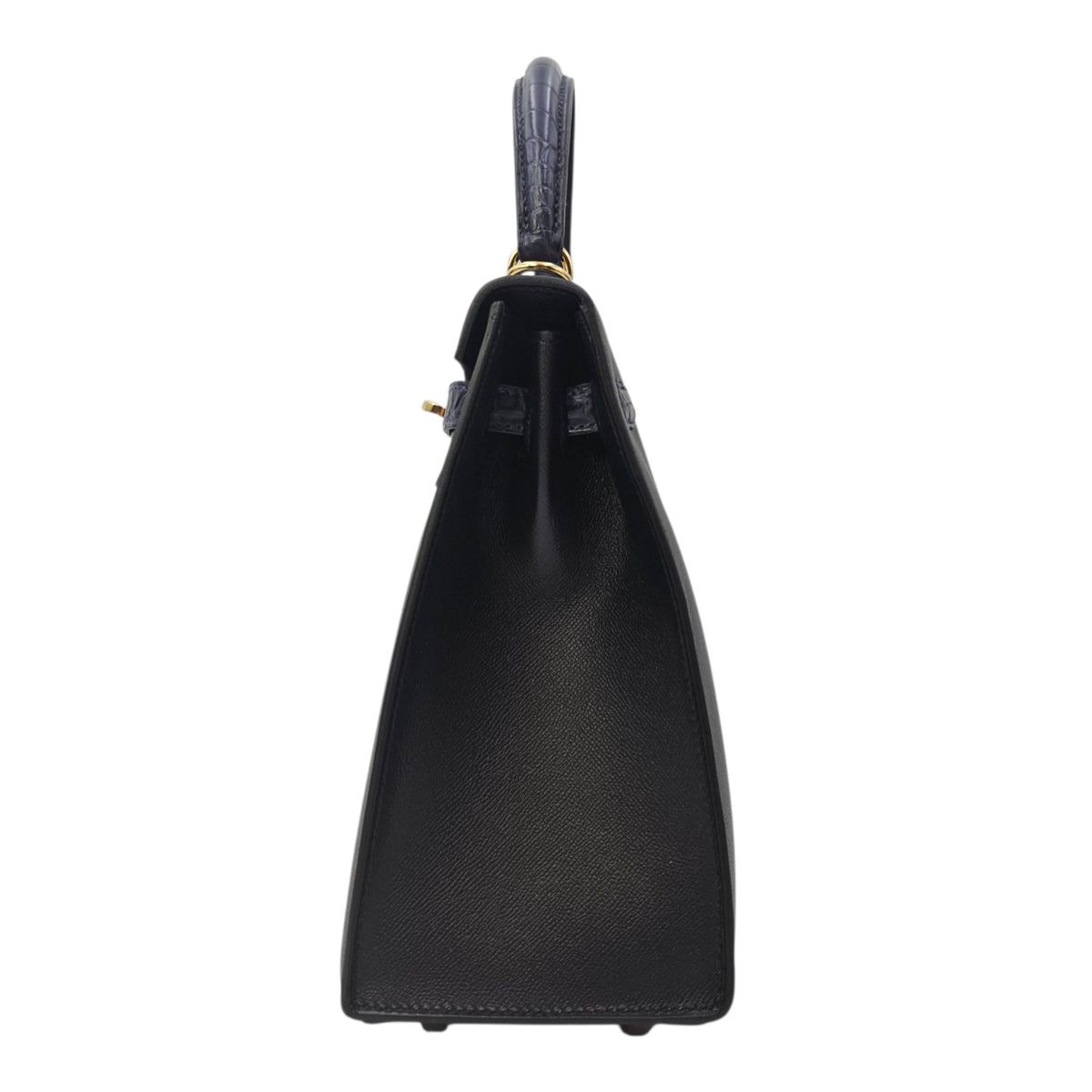 Sellier Kelly Touch  25 Noir/Blue Marine  in Madame/Matte Alligator Gold hardware