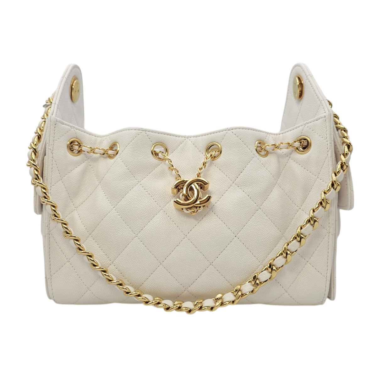 C25 Mini White Bucket Bag in Caviar Leather Gold hardware