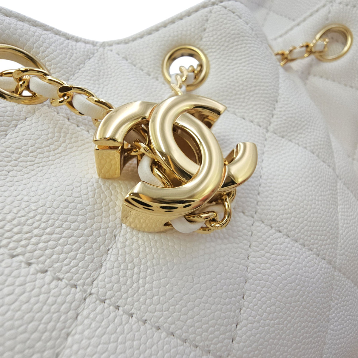 C25 Mini White Bucket Bag in Caviar Leather Gold hardware