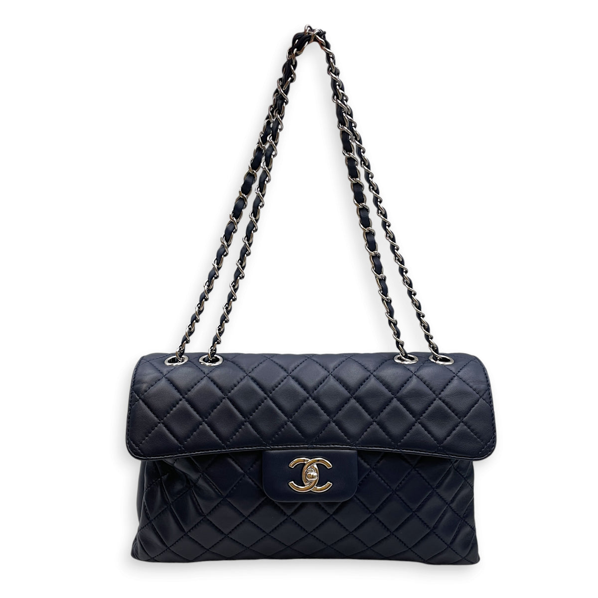 Seasonal Flap  30 Navy Blue Shoulder Bag in Lambskin Silver hardware