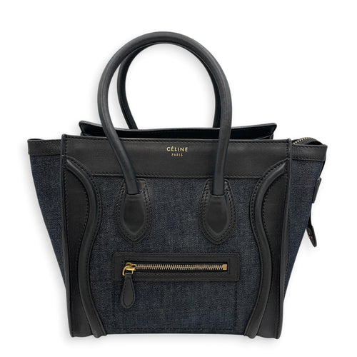 Micro Luggage  Nano  Black Top Handle Bag in Denim Gold hardware