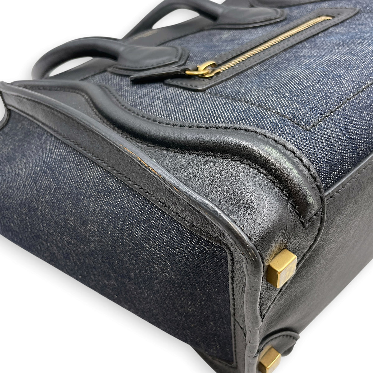 Micro Luggage  Nano  Black Top Handle Bag in Denim Gold hardware
