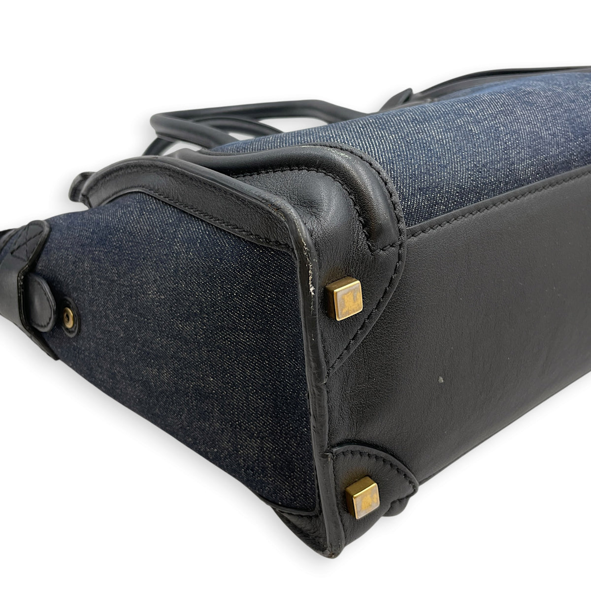 Micro Luggage  Nano  Black Top Handle Bag in Denim Gold hardware