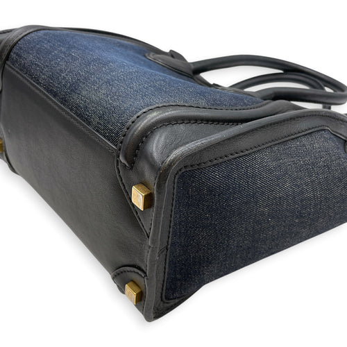Micro Luggage  Nano  Black Top Handle Bag in Denim Gold hardware