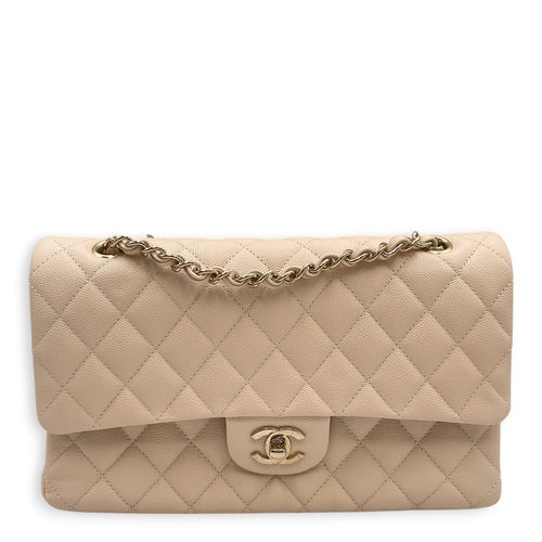 Classic Medium Beige Shoulder Bag in Caviar Leather Light Gold hardware