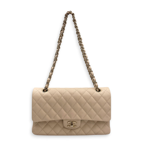Classic Medium Beige Shoulder Bag in Caviar Leather Light Gold hardware