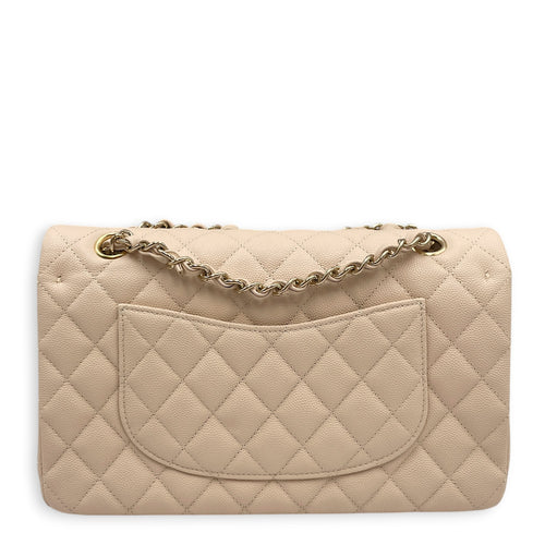 Classic Medium Beige Shoulder Bag in Caviar Leather Light Gold hardware