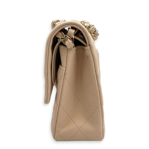 Classic Medium Beige Shoulder Bag in Caviar Leather Light Gold hardware