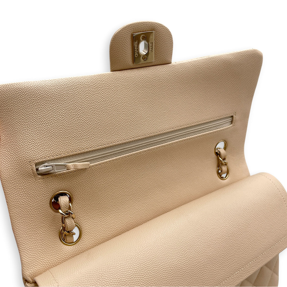Classic Medium Beige Shoulder Bag in Caviar Leather Light Gold hardware