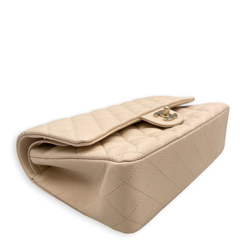 Classic Medium Beige Shoulder Bag in Caviar Leather Light Gold hardware
