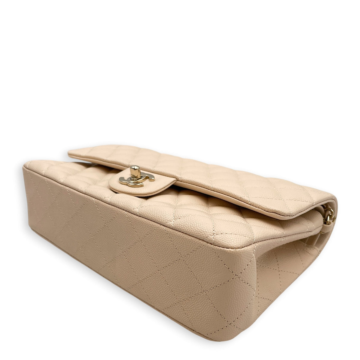 Classic Medium Beige Shoulder Bag in Caviar Leather Light Gold hardware