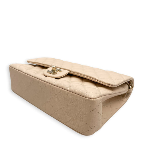 Classic Medium Beige Shoulder Bag in Caviar Leather Light Gold hardware