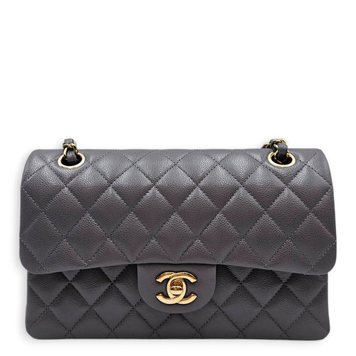 Classic Small Grey Shoulder Bag in Caviar Leather Gold hardware