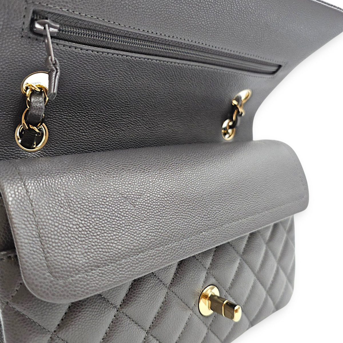 Classic Small Grey Shoulder Bag in Caviar Leather Gold hardware