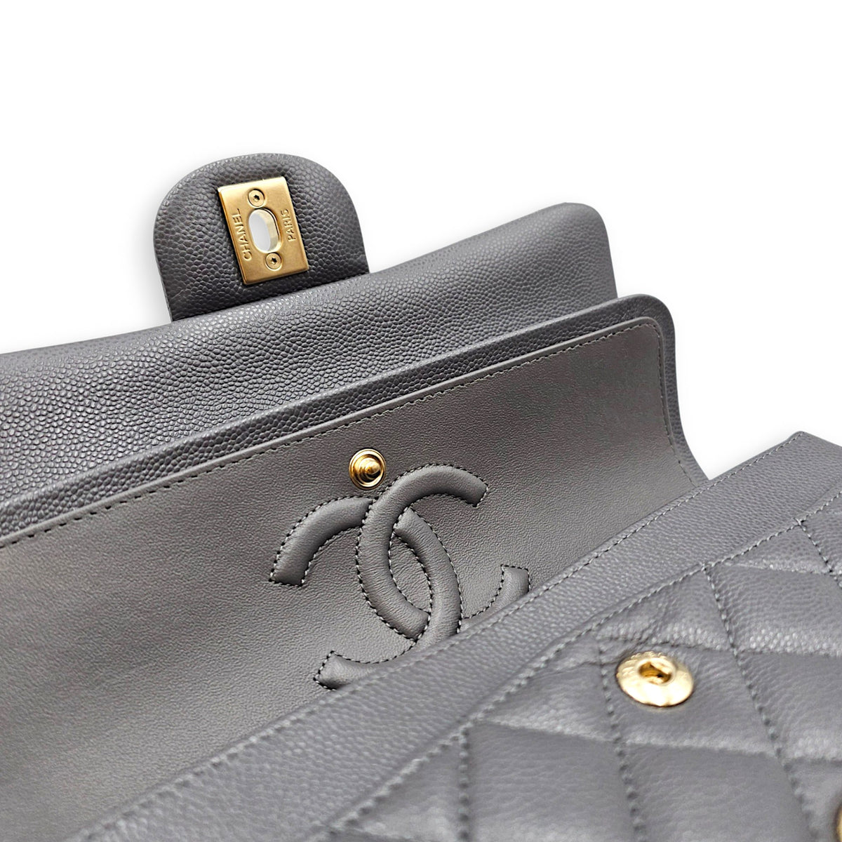Classic Small Grey Shoulder Bag in Caviar Leather Gold hardware